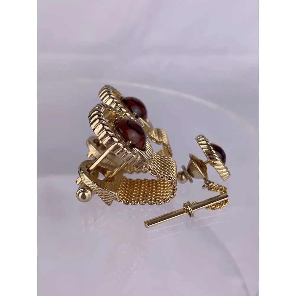 Amber Color Lucite Cufflinks & Tie Pin Gold Tone Wrap Acrylic Mid Century VTG K1